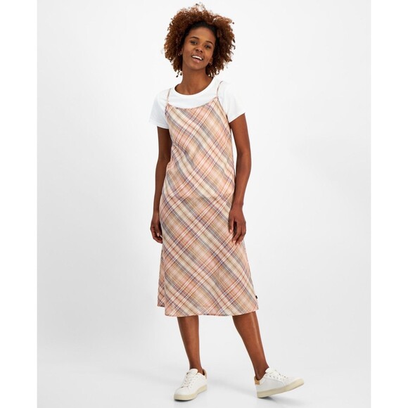 Nautica Jeans Women’s Plaid Layered-Look Midi Dress, Brown, XS S L XL - Picture 1 of 4